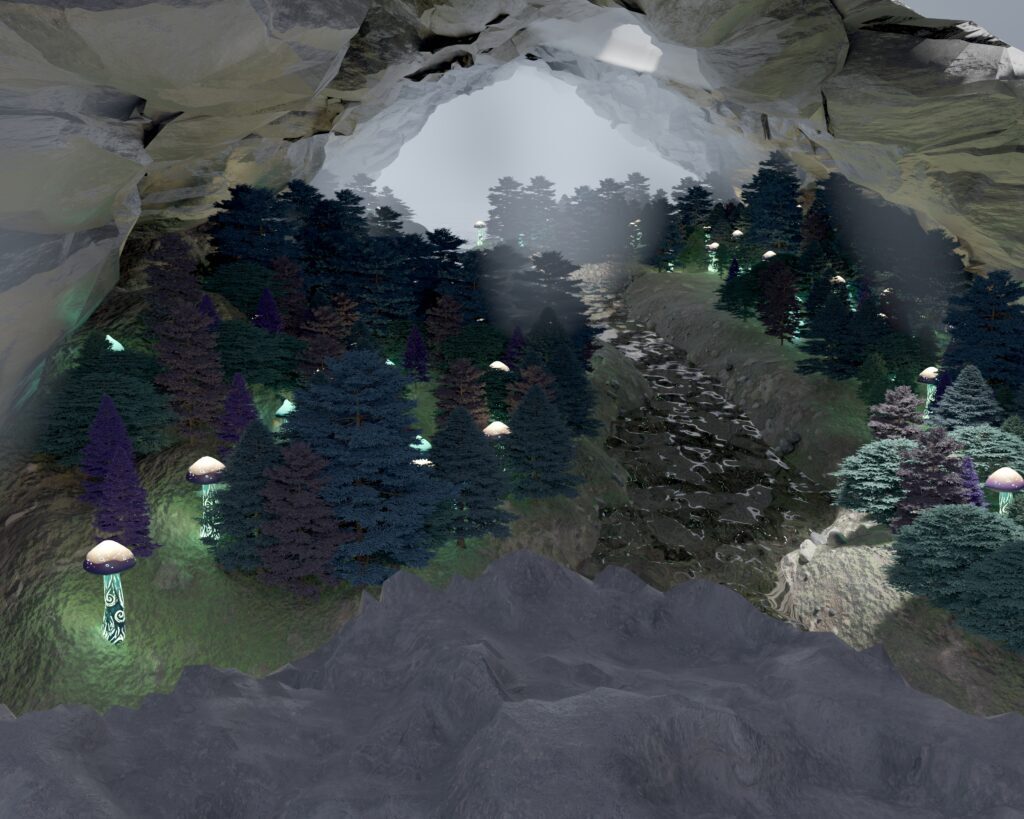 a computer generated image of a cave filled with trees and mushrooms