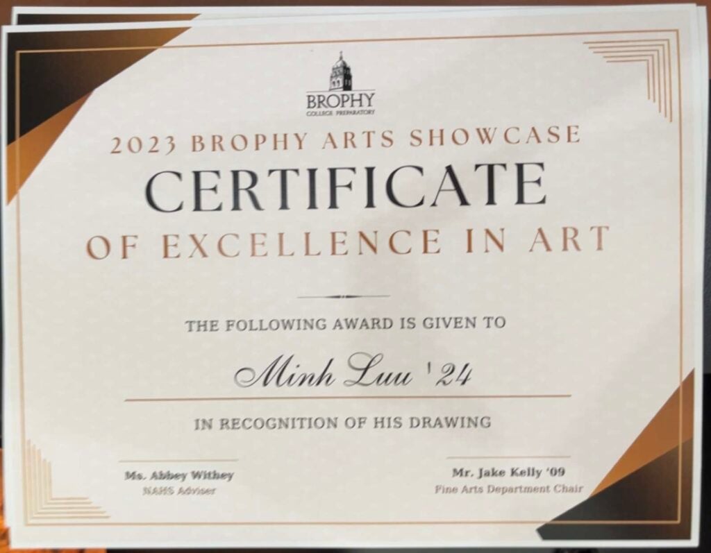 a certificate of excellence in art from the 2023 brophy arts showcase